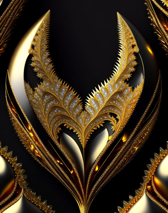 Golden ornate fractal design of bird feathers on dark background