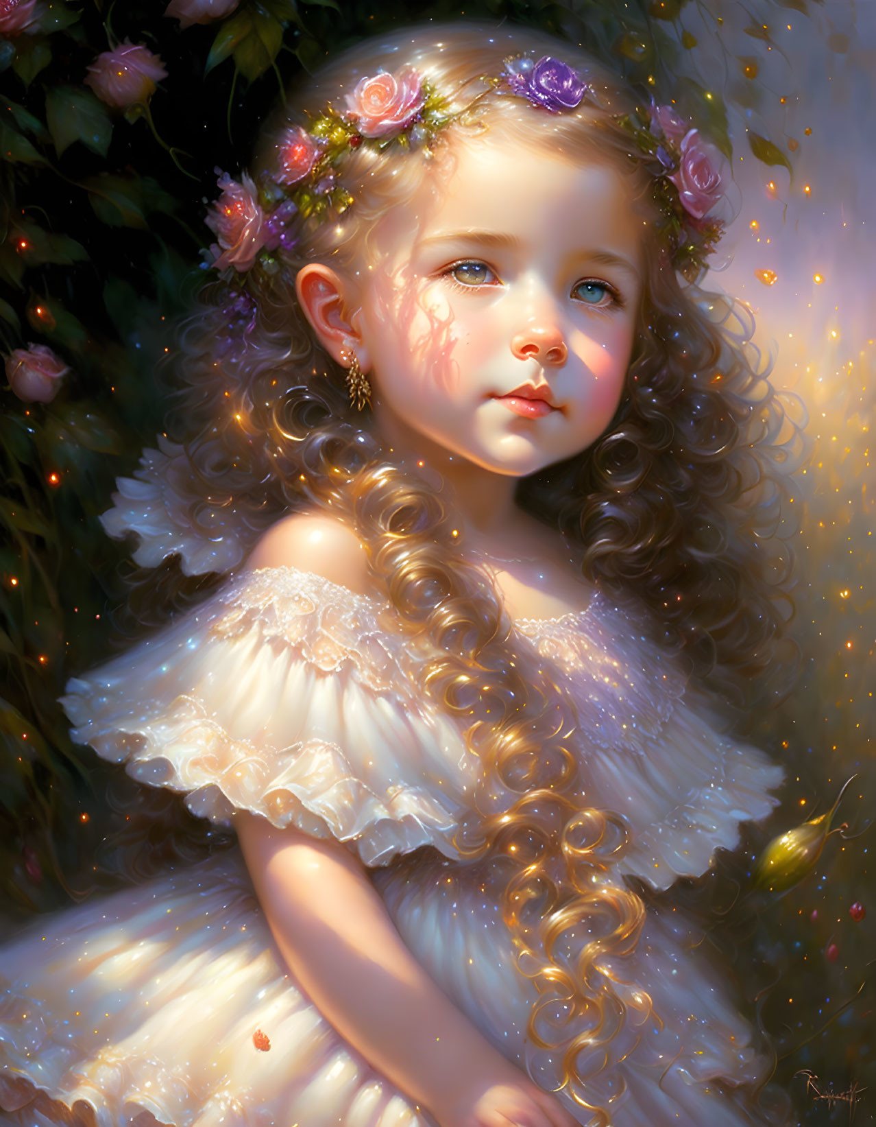 Young girl with curly hair and flower crown in glowing digital art portrait