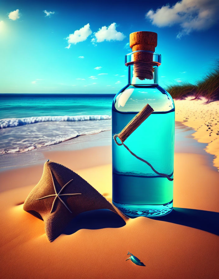 Blue liquid bottle with cork stopper and starfish on sandy beach.