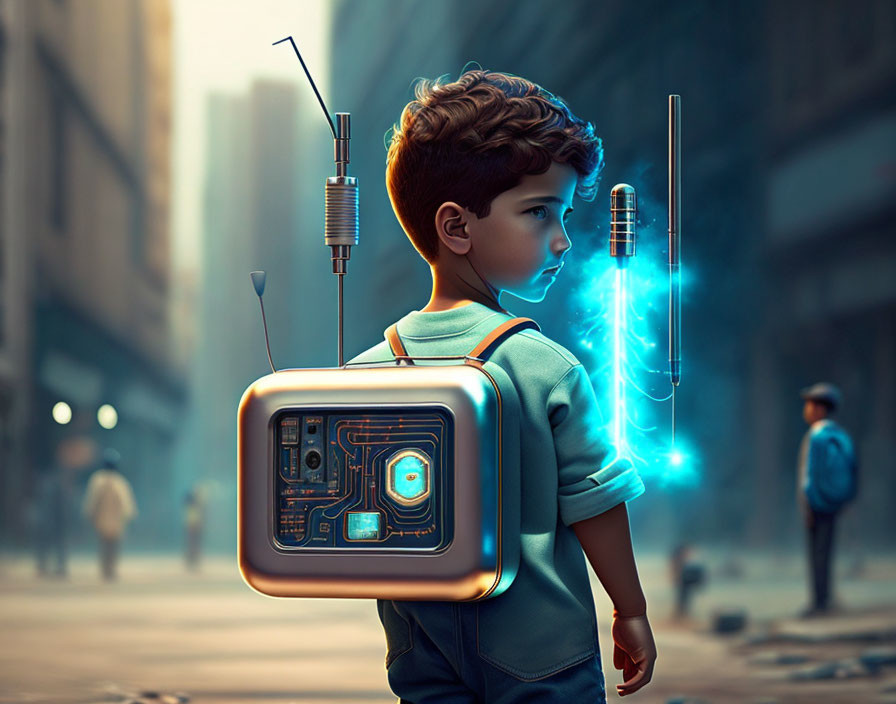 Boy with glowing high-tech backpack in futuristic alleyway.