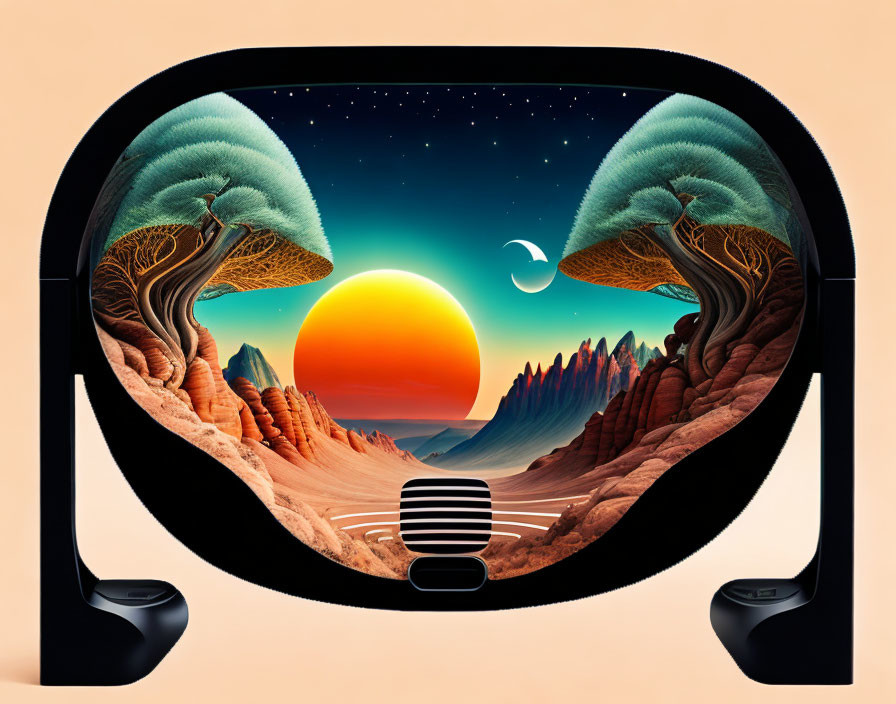 Vibrant landscape with rocky terrain and sunset in virtual reality.