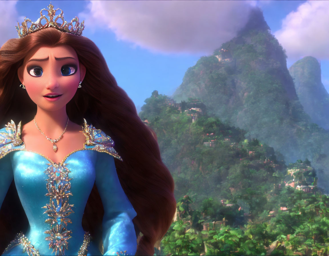 Brown-haired princess in blue dress with tiara against mountain backdrop