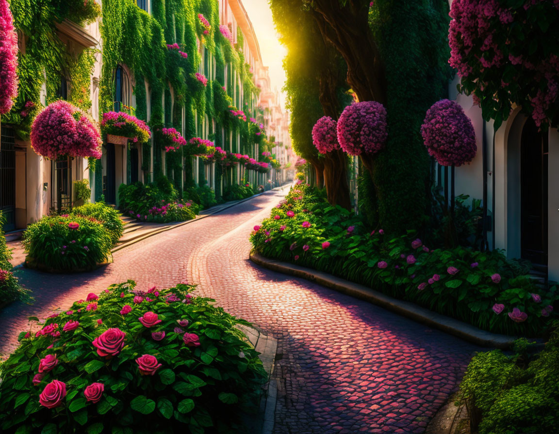 Scenic cobblestone street with lush greenery under golden sunlight