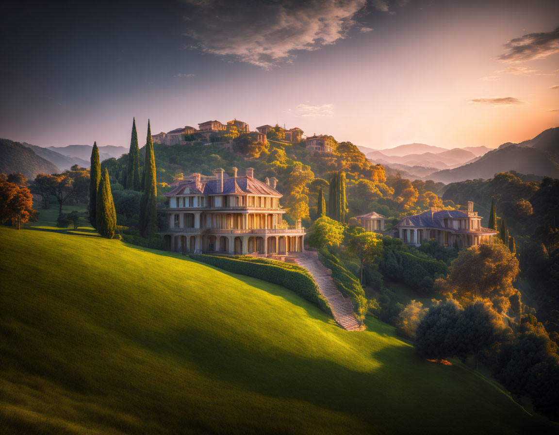 Scenic sunset over lush hills, elegant villas, cypress trees, and mountain backdrop