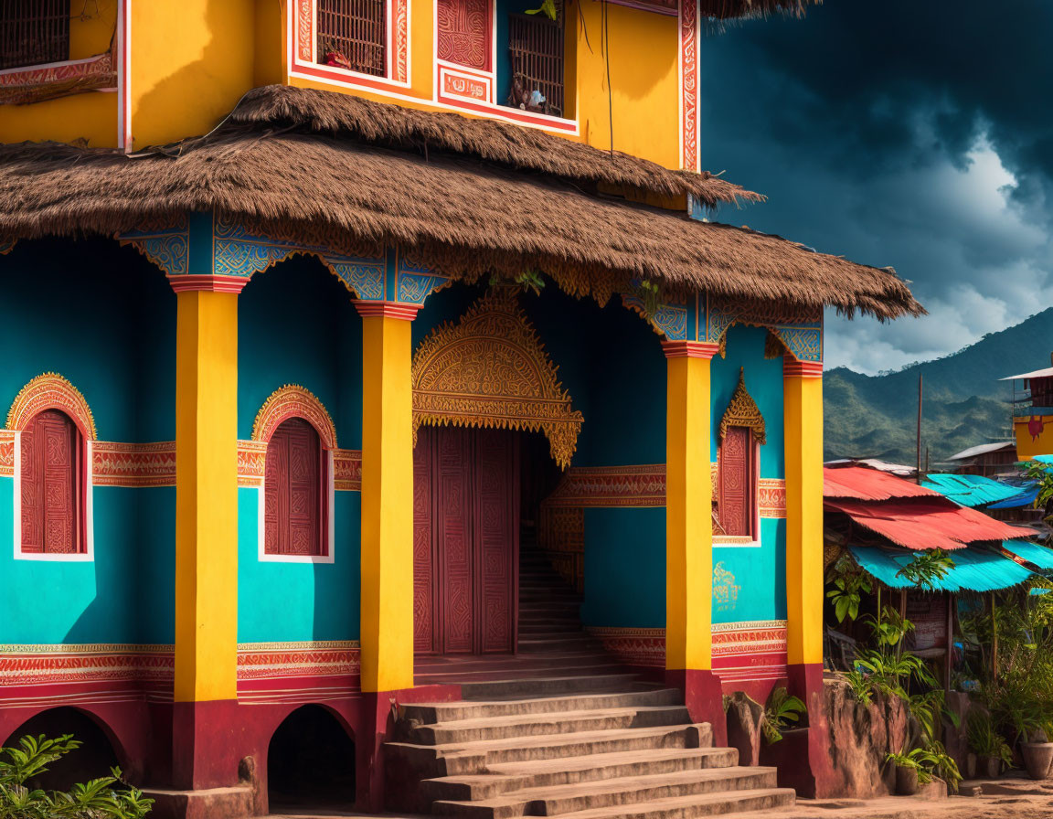 Traditional House with Blue and Yellow Walls, Thatched Roof, Red Accents, and Ornate Door