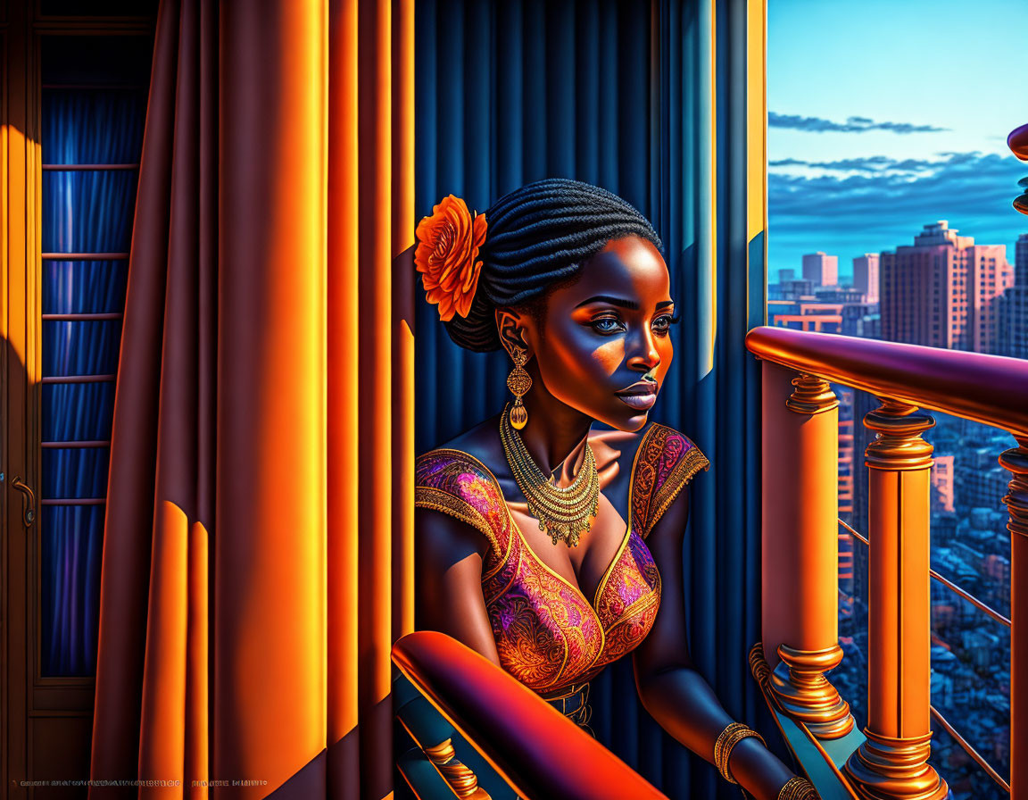 Digital illustration of contemplative woman with braided hair and flower, gold jewelry, city sunset view