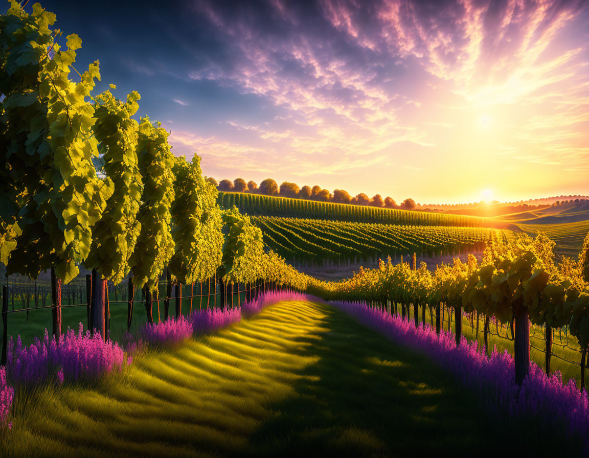 Vibrant vineyard rows at sunset with purple flowers and rolling hills