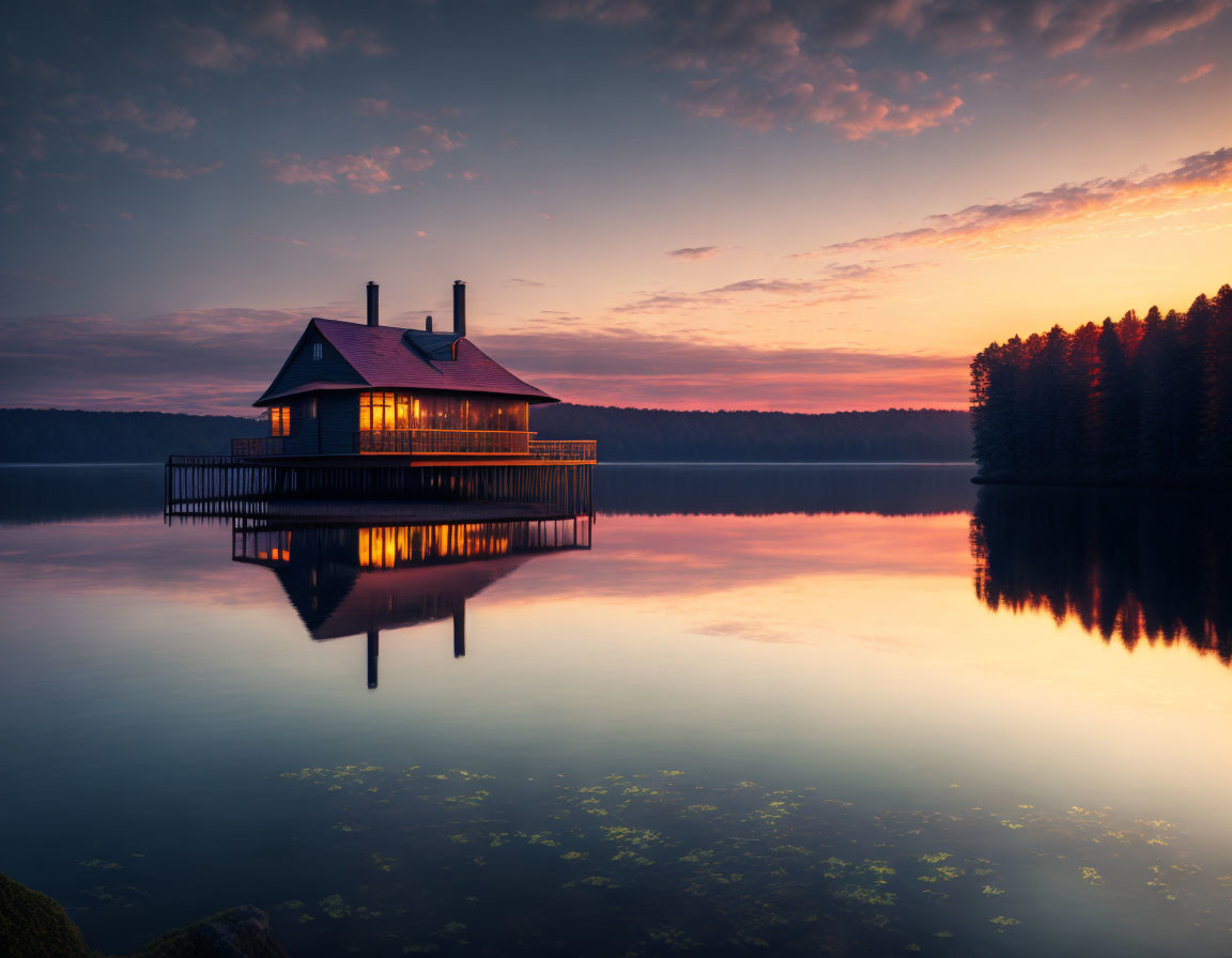 Twilight lake scene with illuminated house and forest reflections