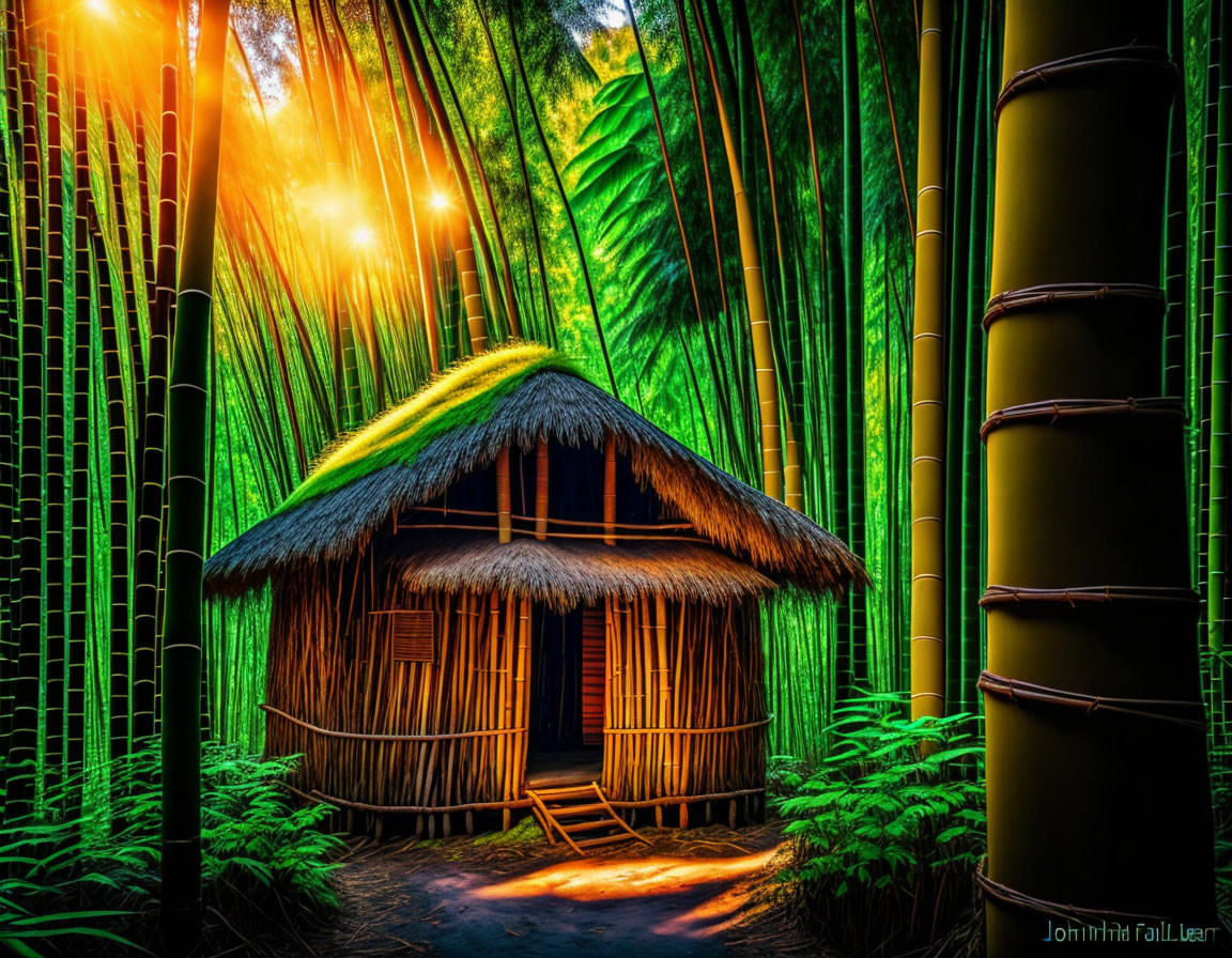 Bamboo hut in lush grove with serene sunlight filtering through greenery