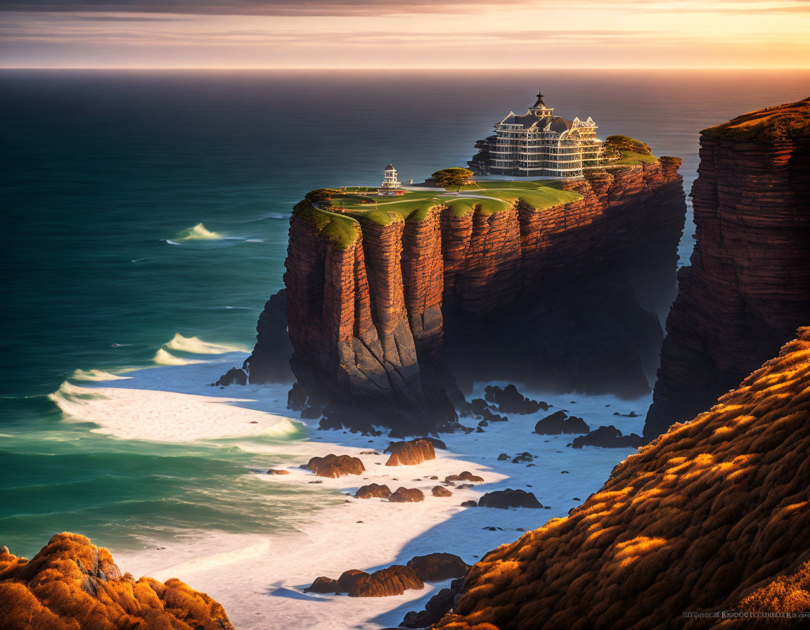 Majestic lighthouse on red cliff by ocean waves