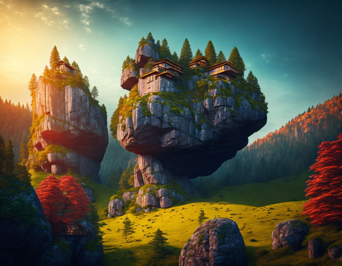 Serene landscape: Floating rock formations with traditional houses under warm sunset.