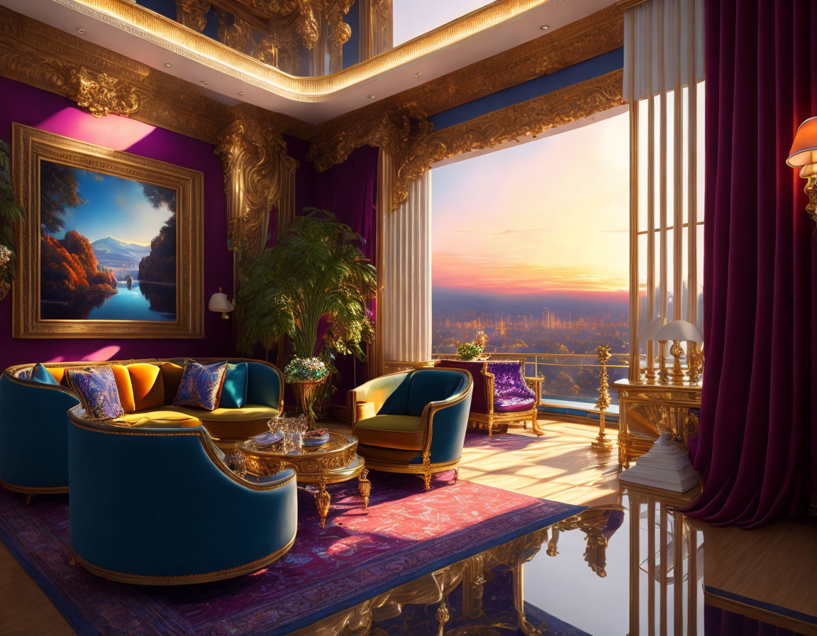 Opulent Room with Golden Trim, Velvet Seats, Glass Table, Plants, Sunset View