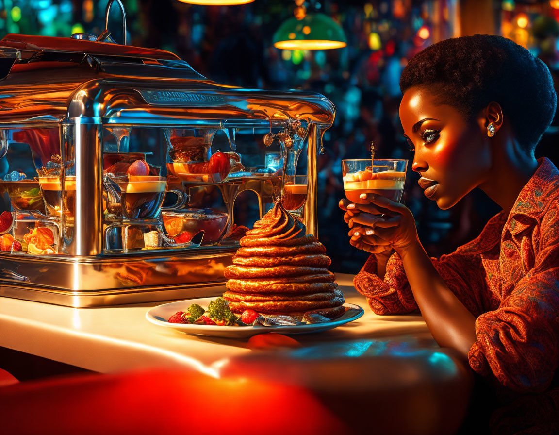 Woman with coffee, pancakes, and jukebox in retro diner