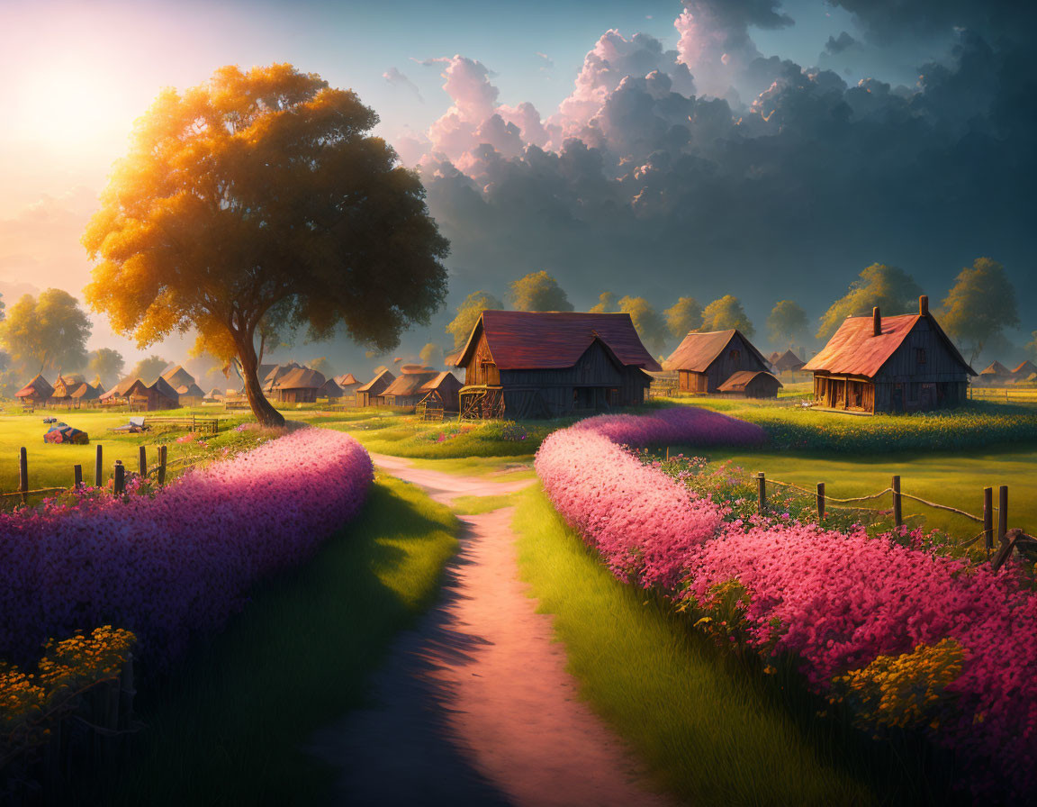 Rural landscape at sunset with vibrant flowers and thatched-roof cottages