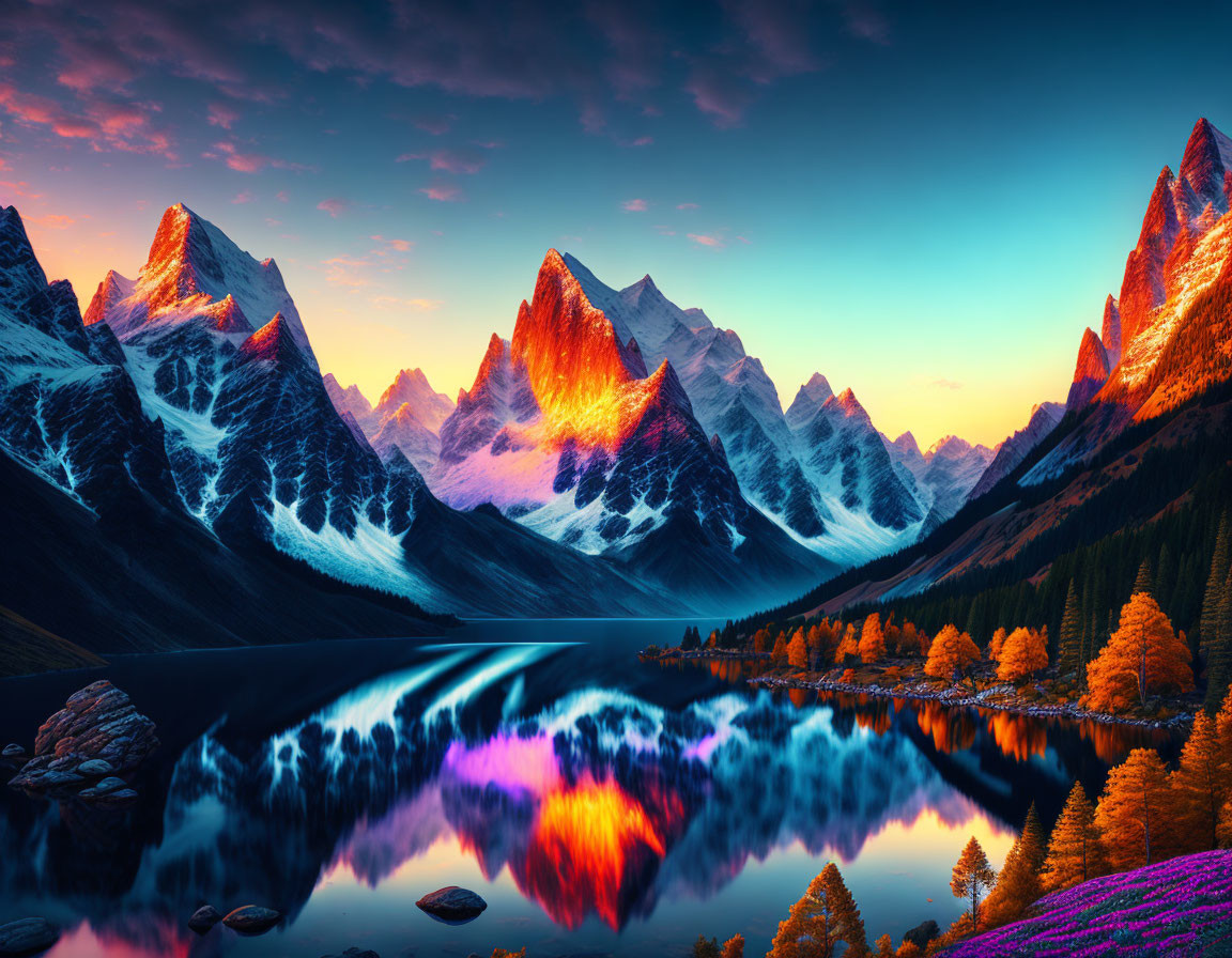 Autumn sunrise: Majestic mountains, orange hues, serene lake