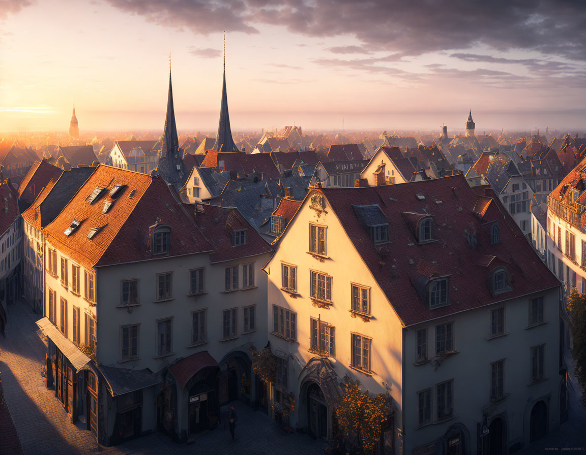 European town at sunrise: historic buildings, cobbled streets, spired structures