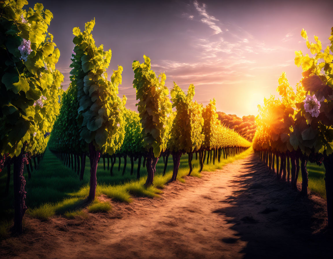 Vivid sunset scene of grapevines in a lush vineyard