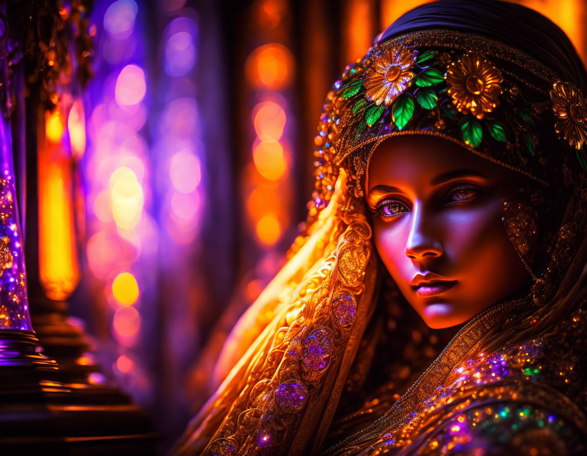 Vibrant Woman in Embellished Veil Surrounded by Colorful Lights