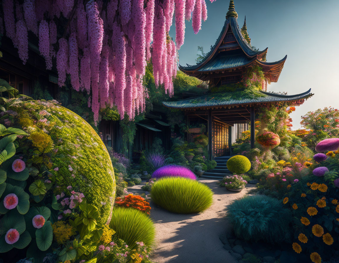 Tranquil Asian garden with lush plants, vibrant wisteria, and traditional pagoda