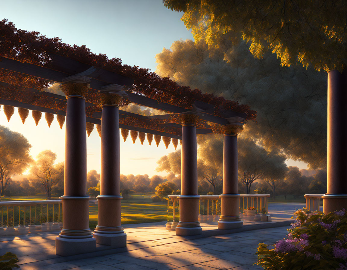 Sunrise view of classical pergola with columns in tranquil park setting