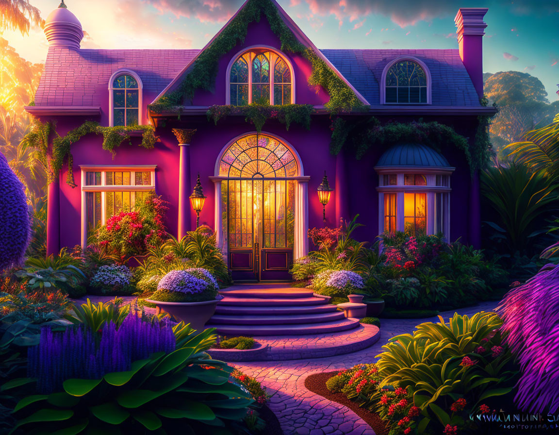 Whimsical purple house with ornate windows and colorful flowers