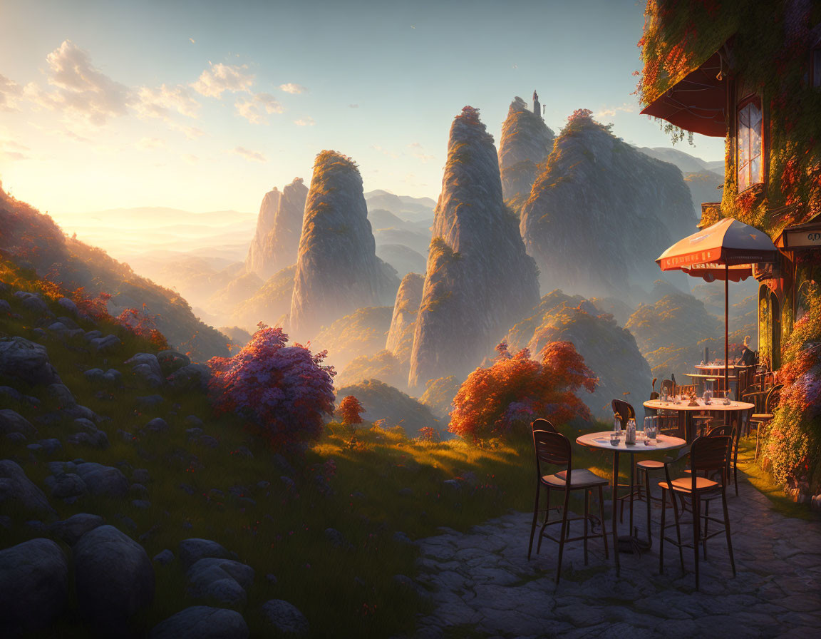 Tranquil outdoor cafe with valley view at sunrise