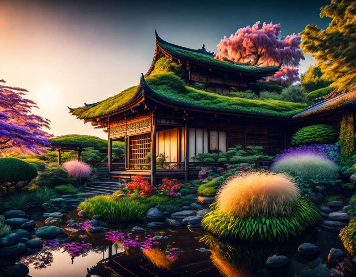 Japanese house in lush garden with serene pond at sunset