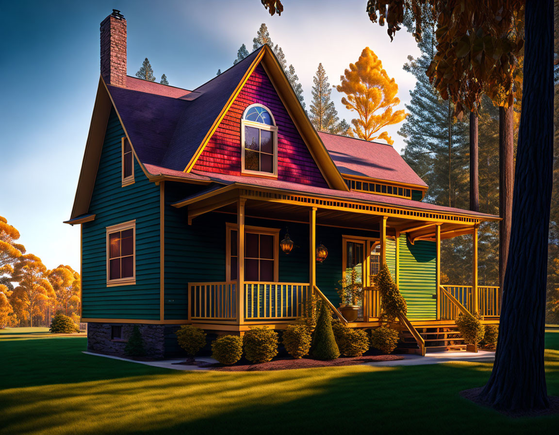 Vibrant two-story house with red roof and green walls in sunset setting