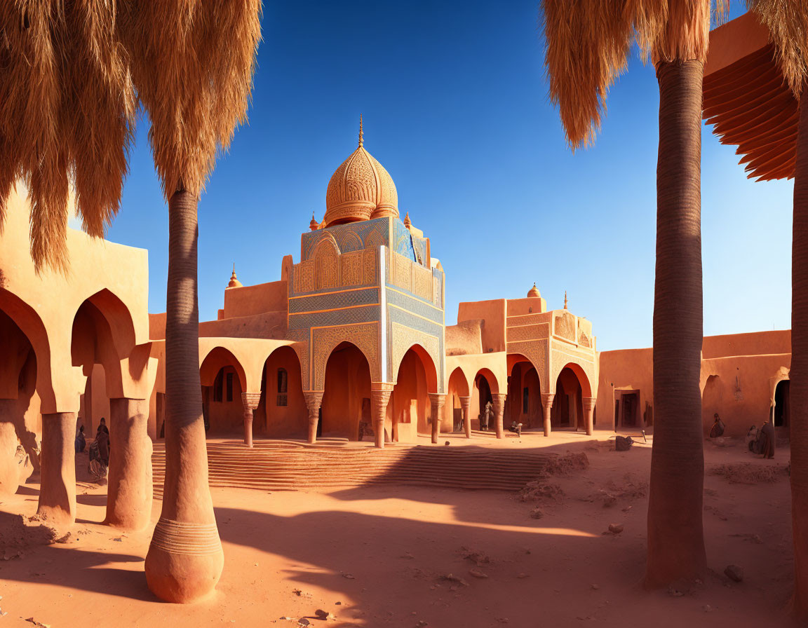 Ornate Mosque with Tiled Dome in Sandy Courtyard