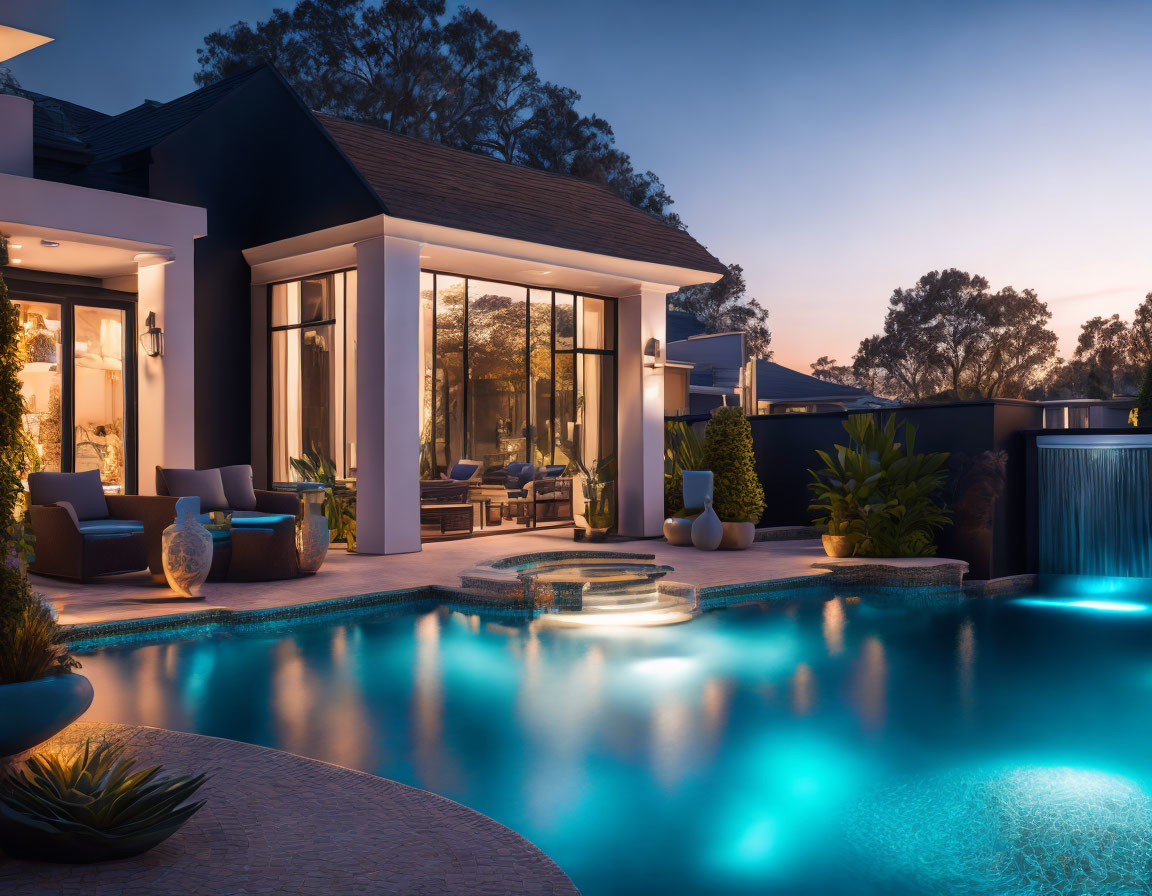 Modern house with illuminated interior, pool, and outdoor seating at twilight