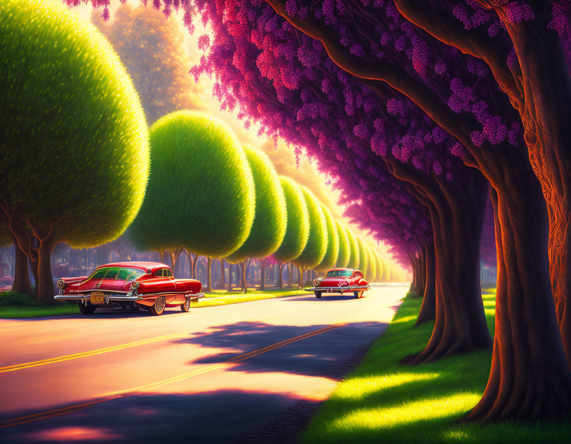 Colorful Stylized Trees & Vintage Cars on Scenic Route