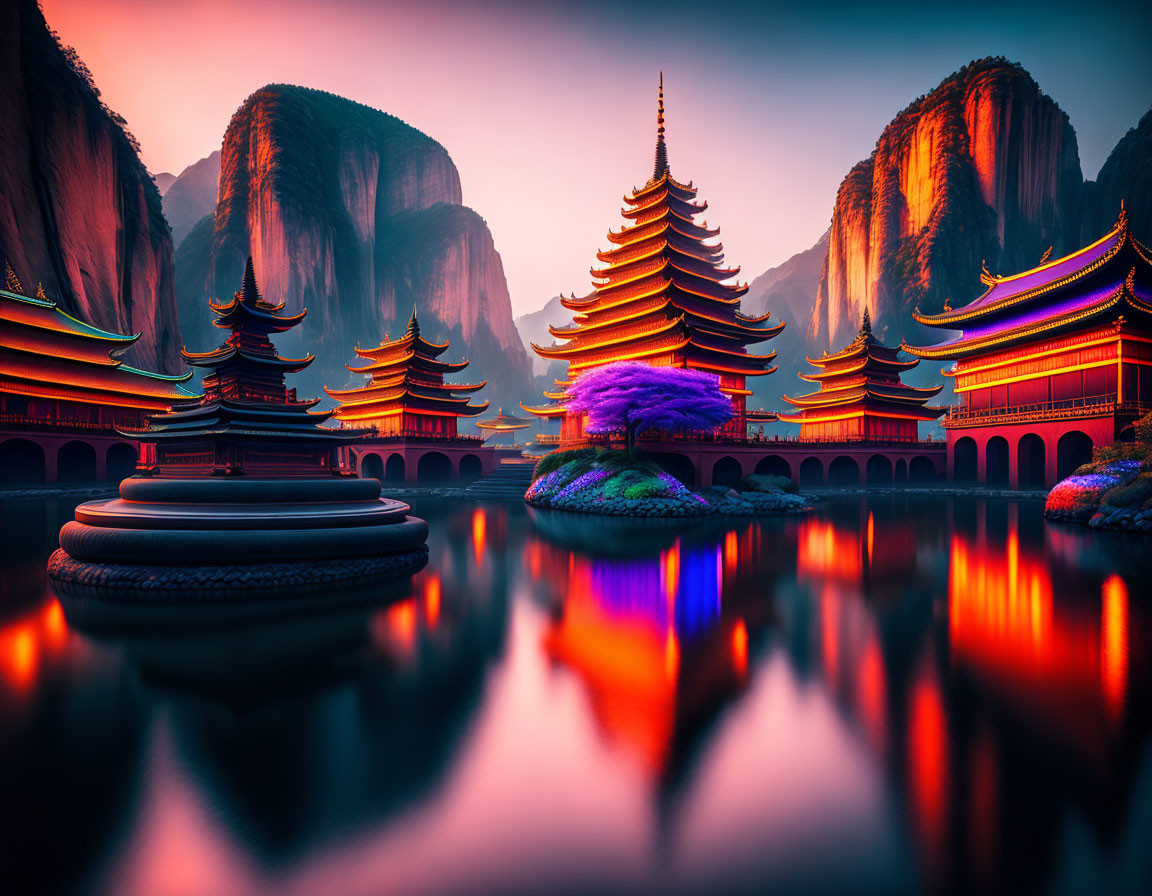 Traditional Asian pagodas by serene lake at dusk with misty cliffs