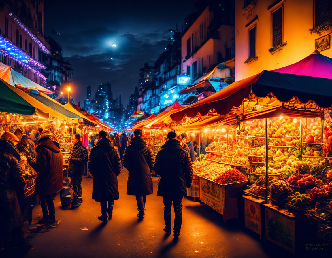 Colorful night market in cityscape under moonlit sky