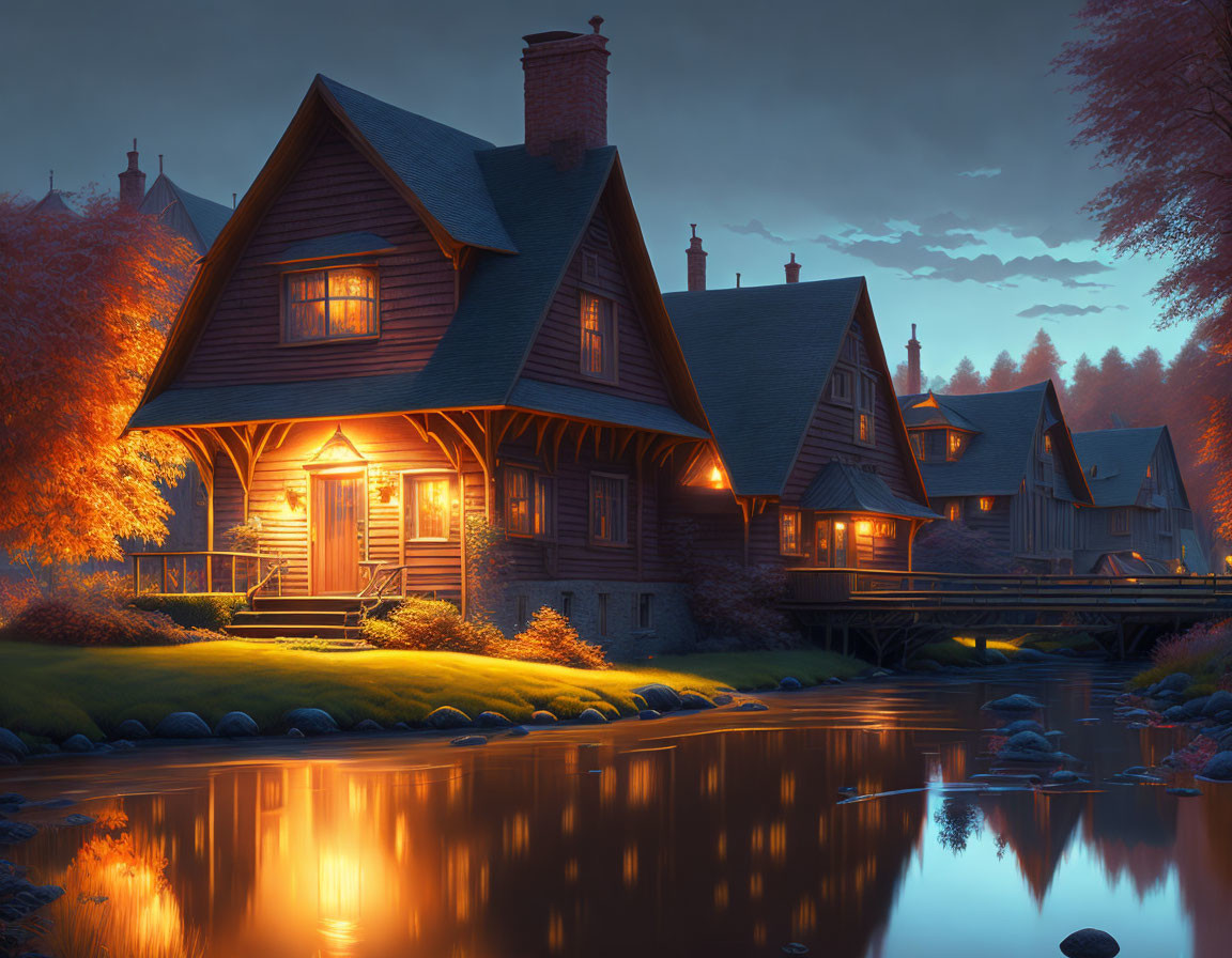 Twilight scene of cozy wooden house by river and bridge