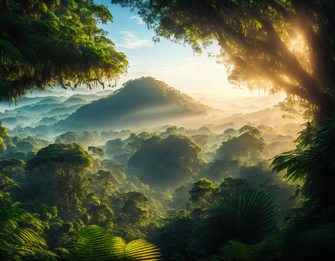 Misty Sunrise Over Green Rainforest Canopy