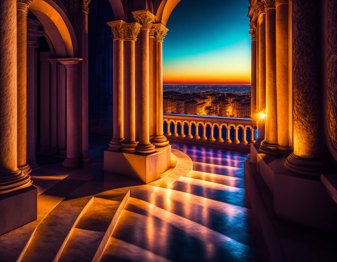 Twilight vista with elegant columns overlooking cityscape