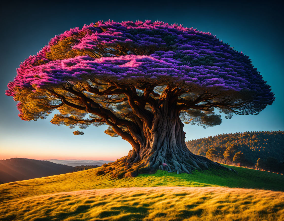 Majestic large tree with vibrant purple and pink canopy in lush field at sunset