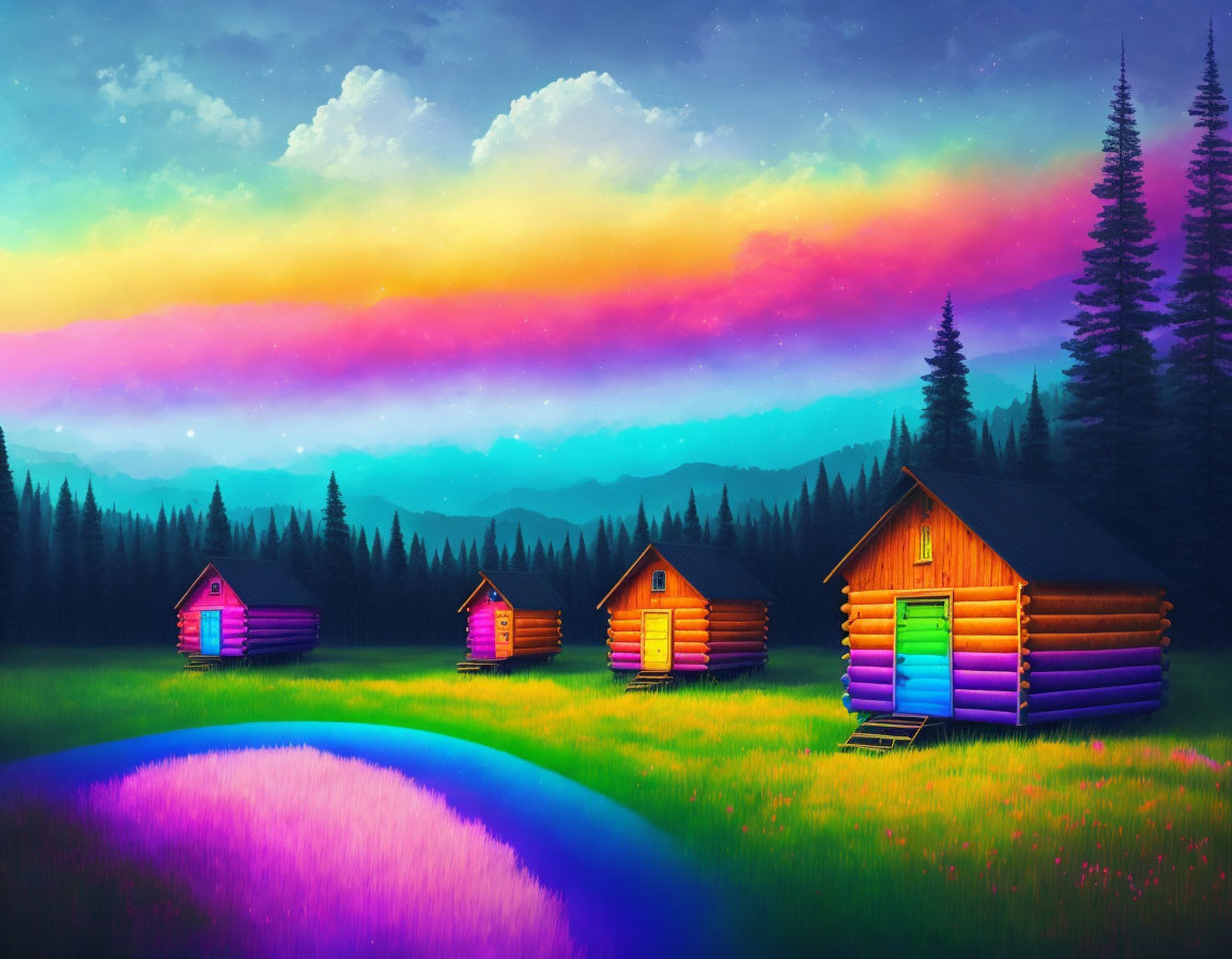 Colorful wooden cabins by river with purple fields & pine trees under striking sunset.