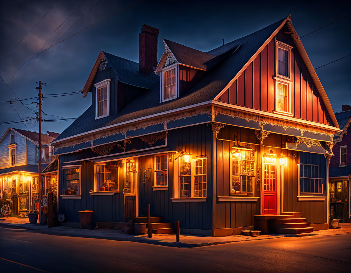 Two-story building with red and blue facade and ornate trimmings in twilight setting