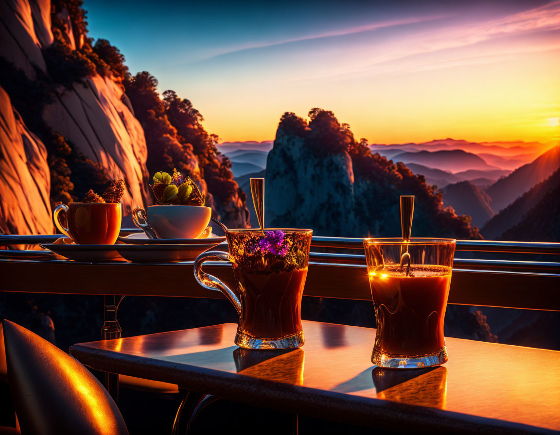 Two Hot Beverages on Outdoor Table with Mountainous Sunset