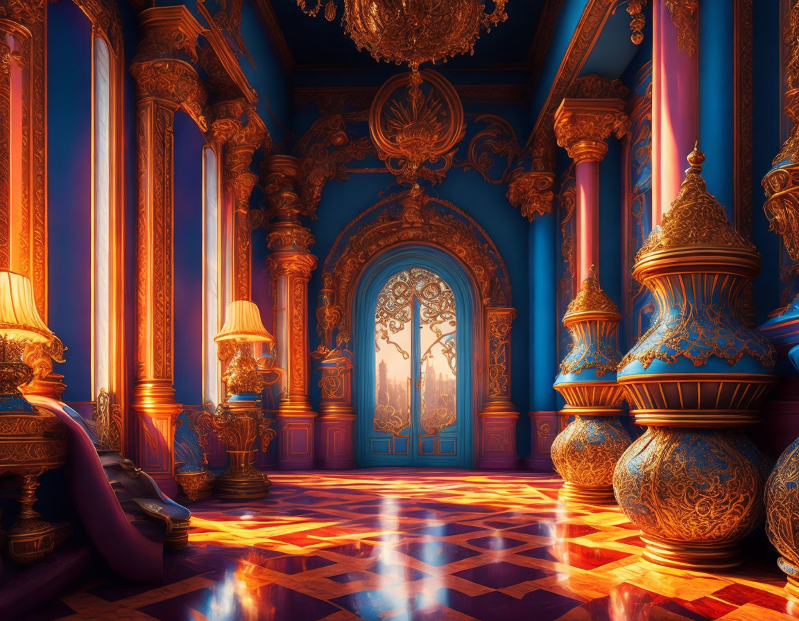 Luxurious room with ornate door, blue walls, golden decor, and glossy floor.