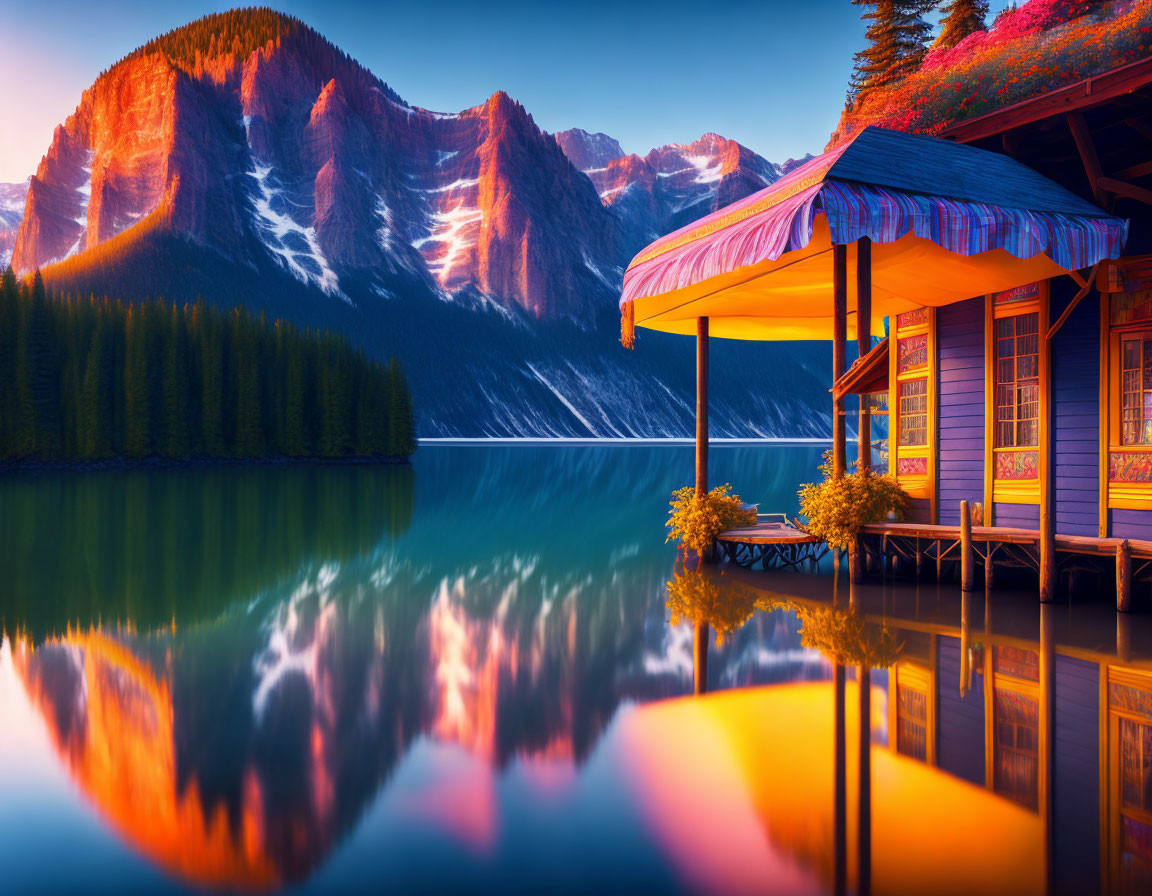 Colorful cabin, rugged mountains, and serene lake at sunset