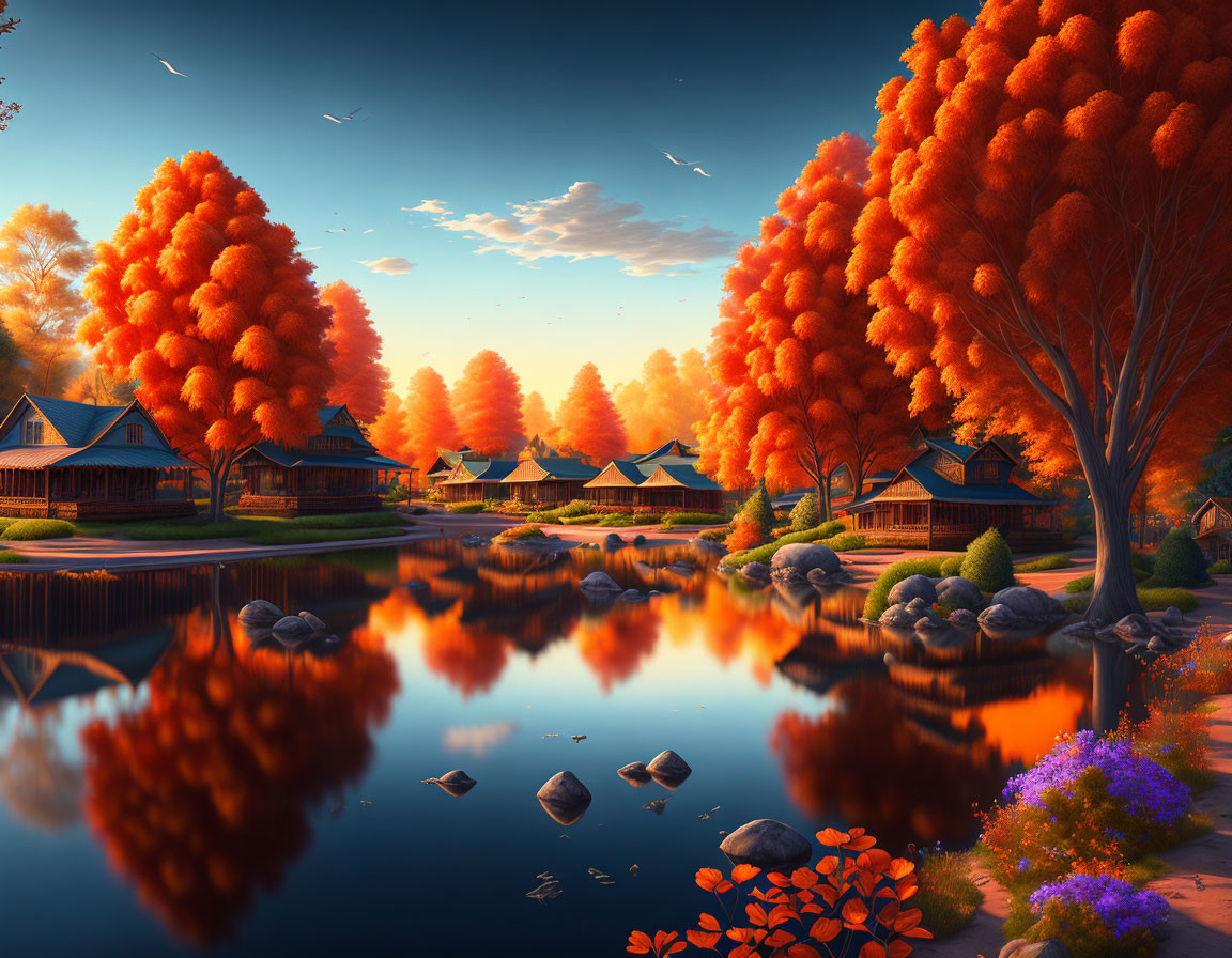 Autumn landscape: vibrant foliage, still lake, traditional houses, birds in golden-hour sky