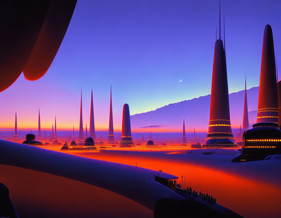 Futuristic cityscape at twilight: tall spires, orange sky, silhouetted figures