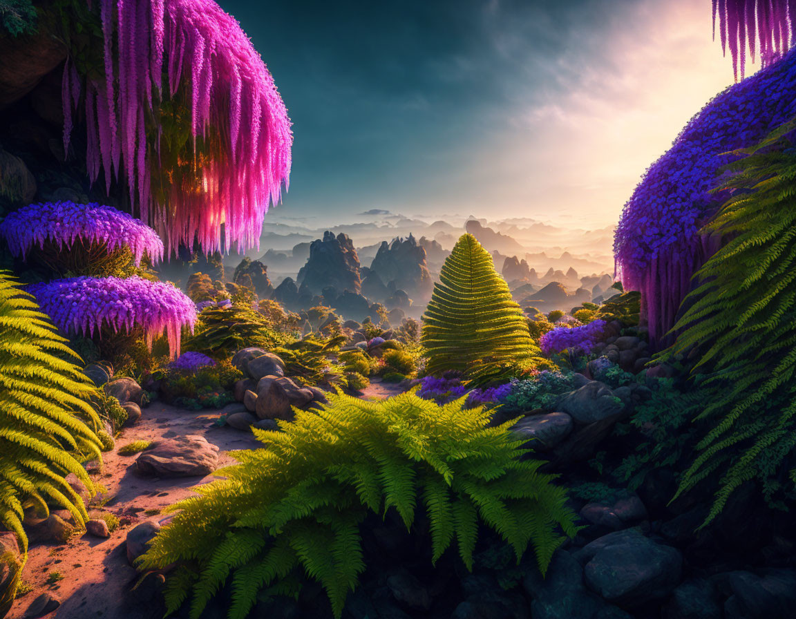 Vibrant fantasy landscape with purple and green foliage under dramatic sunrise