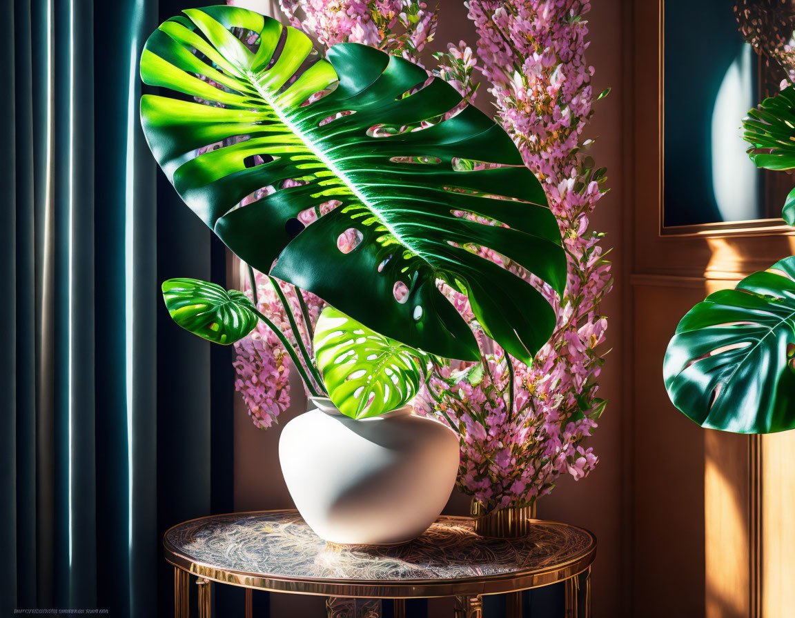 Monstera plant in white vase on marble table with pink flowers, blue curtains, and golden light