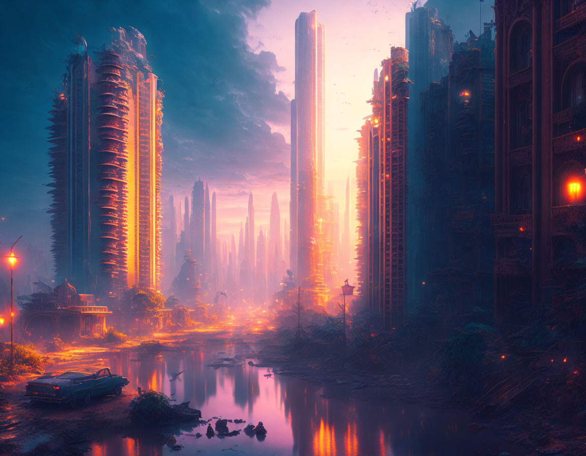 Dystopian cityscape with skyscrapers, glowing river, and derelict vehicles