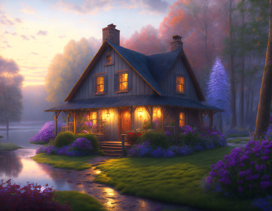 Cozy Cottage Illuminated by Lights in Lush Dusk Setting