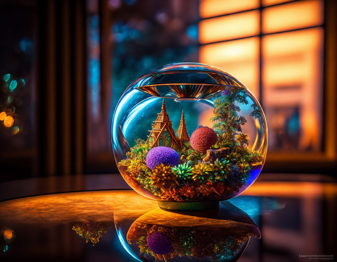 Colorful terrarium in glass sphere on reflective surface with warm-lit windows in background