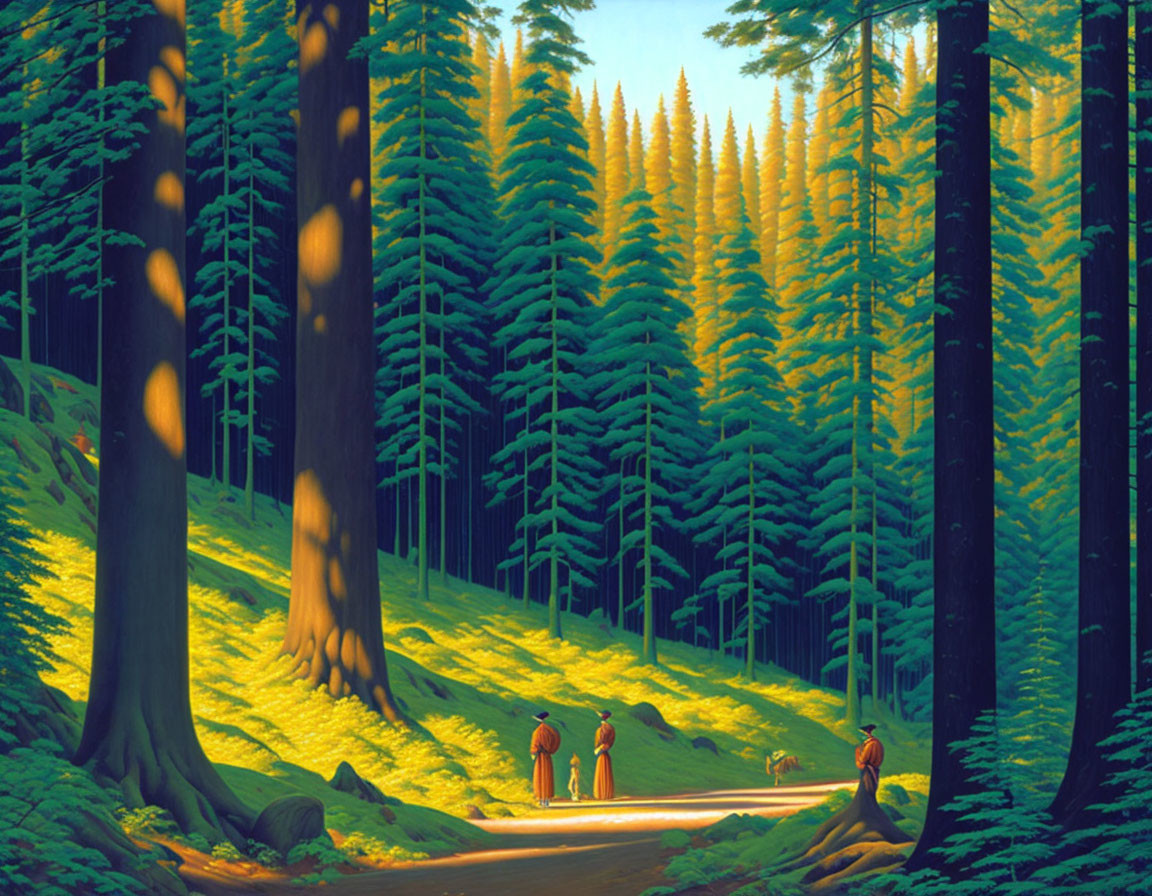 Colorful painting of three people walking in forest under sunlight